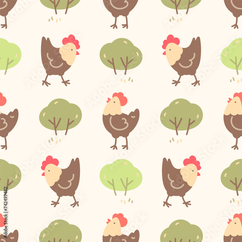 Seamless pattern with laying hens and eggs. Farm