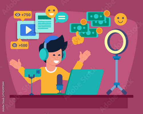Young boy using modern devices to create content for his blog. Vector illustration. Emoticons, money on background. Getting profit from social media and blogging concept