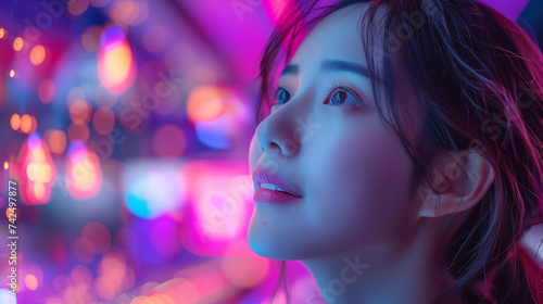 Beautiful asian woman with blue light bokeh background.