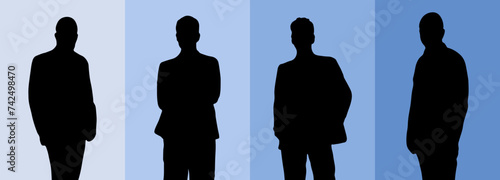 Dark silhouettes of men in suits on a blue background. Four different silhouettes of men. Men's card, poster, banner, cover design.