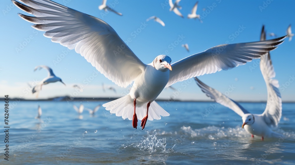 Obraz premium Mediterranean gulls flying in the sky with a barrel jellyfish underwater, split view above and below water surface, Spain, Catalonia, Girona