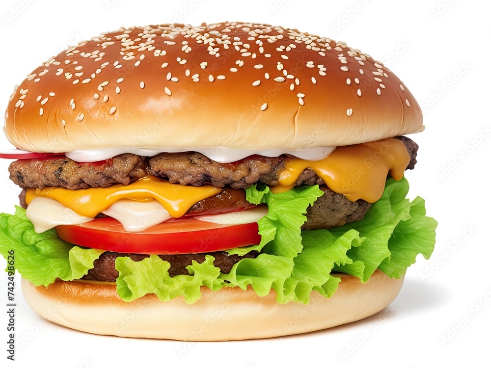 Free image of a mouthwatering cheeseburger with a lot of fixings, isolated on a white backdrop. Free image of a mouthwatering cheeseburger with a lot of fixings, isolated on a white backdrop.