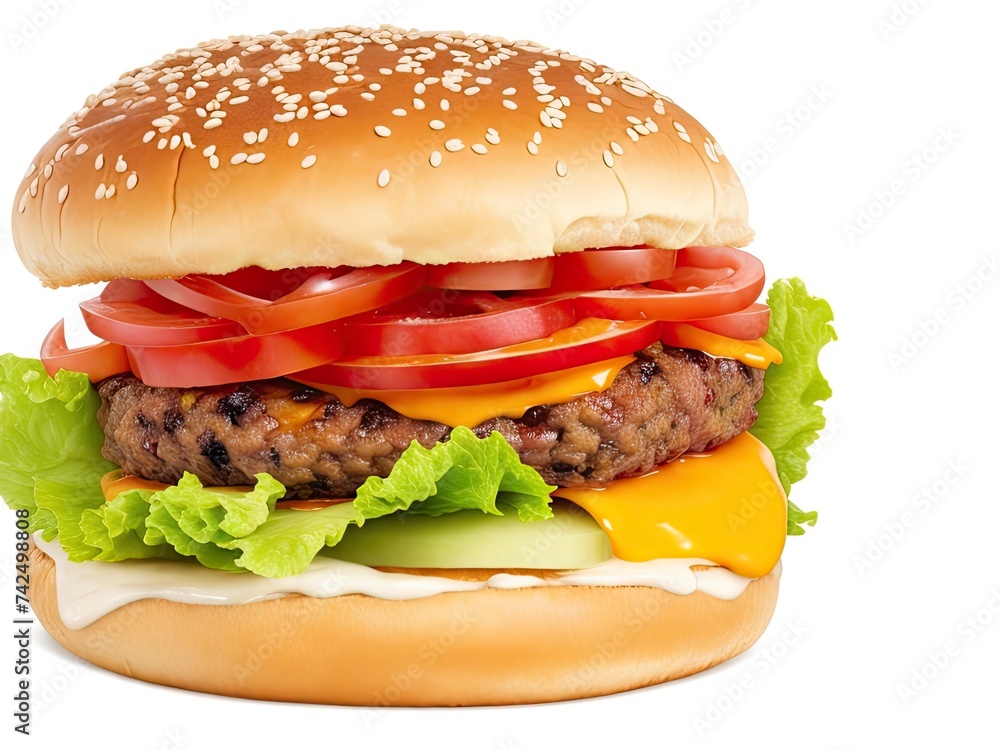 Free image of a mouthwatering cheeseburger with a lot of fixings, isolated on a white backdrop. Free image of a mouthwatering cheeseburger with a lot of fixings, isolated on a white backdrop.