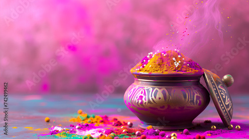 Colorful holi powder in bowl on colorful background - Format 16:9