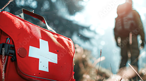 Close-up of a red first aid kit outdoors with a hiker in the background, symbolizing emergency preparedness in nature. photo