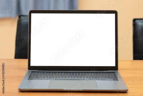 Wallpaper Mural Laptop computer with white blank screen on wood desk. Workspace, workplace, desktop office concept. Torontodigital.ca