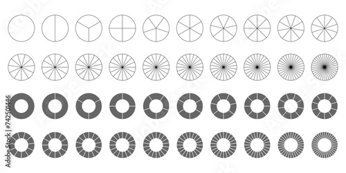 Alignment of pie chart diagrams or evenly divided circles with increasing numbers of segments photo