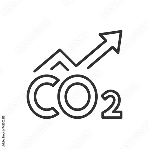 Increasing concentration of carbon dioxide, linear icon. CO2 and up arrow. Increase in emissions. Line with editable stroke