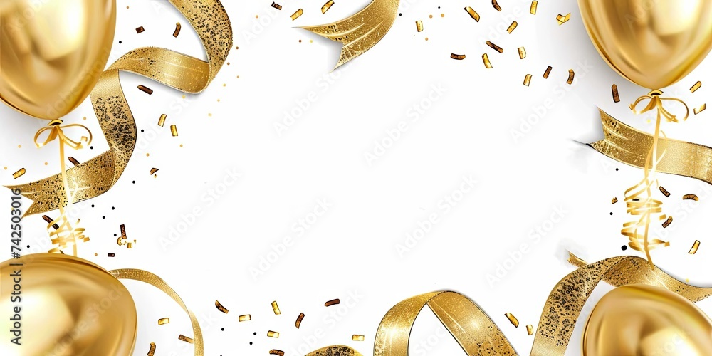 gold balloons, ribbon on a white background