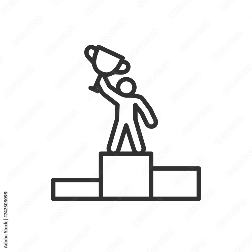 Winner, linear icon. The person with the cup on the podium. Line with editable stroke Winner, linear icon. The person with the cup on the podium. Line with editable stroke