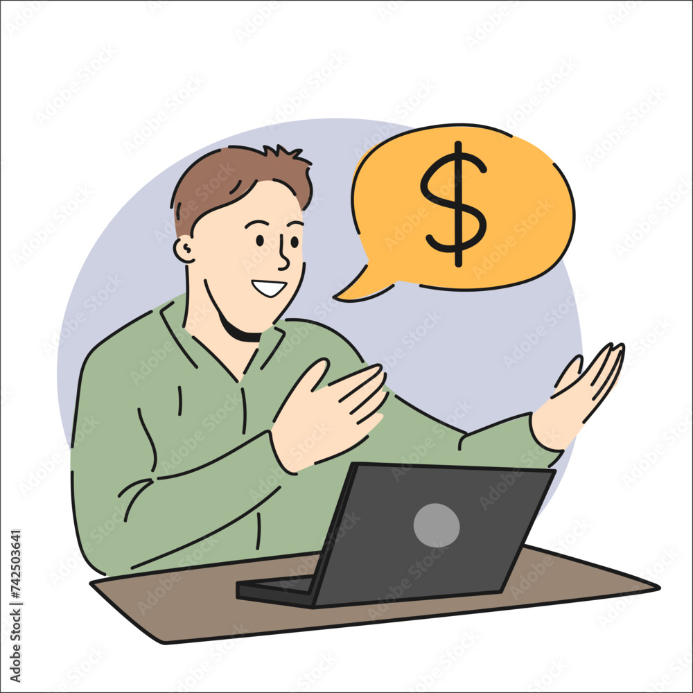 Vector illustration of a young man sitting at a laptop. Talking on a video link. Finance Vector illustration of a young man sitting at a laptop. Talking on a video link. Finance
