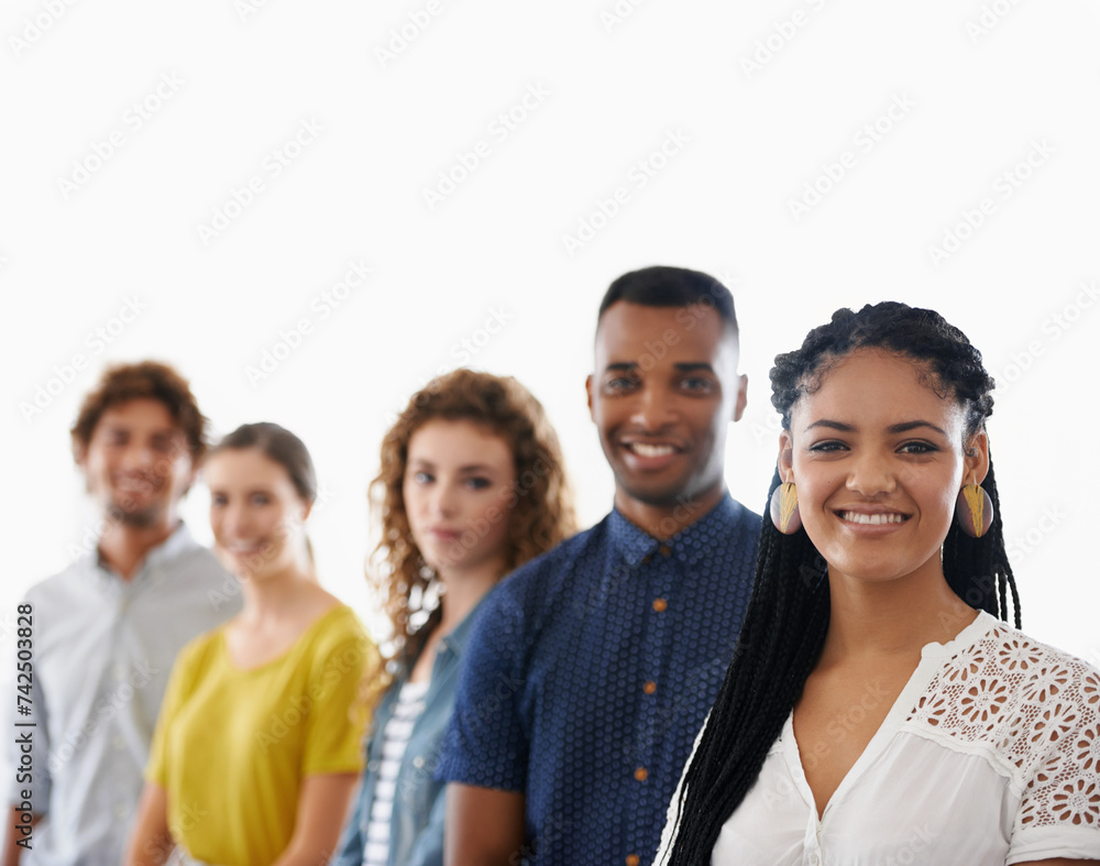 Business woman, portrait and happy with teamwork in studio for recruitment, onboarding and hiring process with mockup. Collaboration, professional workers and face with diversity on white background Business woman, portrait and happy with teamwork in studio for recruitment, onboarding and hiring process with mockup. Collaboration, professional workers and face with diversity on white background