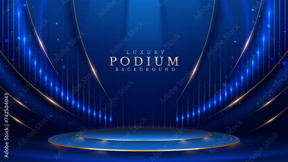 Empty podium golden on blue background with light neon effects with bokeh decorations. Luxury scene design concept. Vector illustrations. - obrazy, fototapety, plakaty 