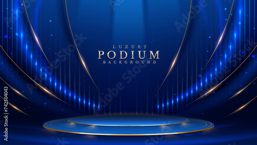 Empty podium golden on blue background with light neon effects with bokeh decorations. Luxury scene design concept. Vector illustrations.