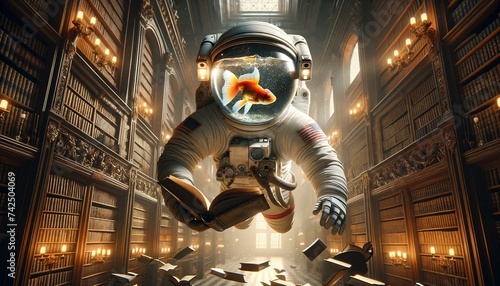 Astronaut with a Goldfish Helmet Floating in an Antique Library with Levitating Books