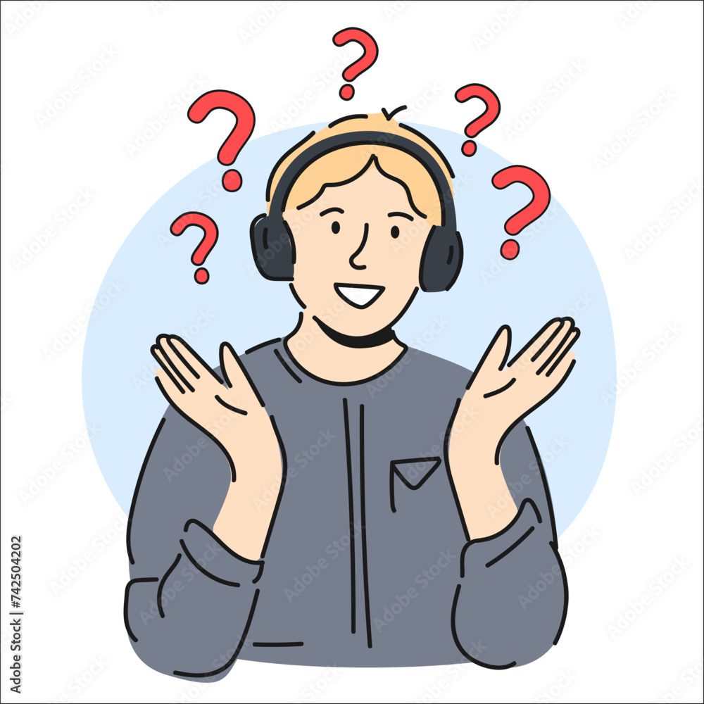 Vector illustration of man in headphones. Call Center. Around the question mark Vector illustration of man in headphones. Call Center. Around the question mark