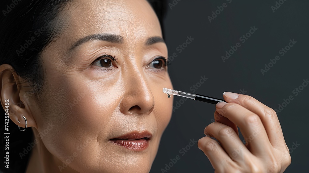 Closeup cut portrait of senior mature older Asian woman putting drop of antiaging pipette serum essence oil on finger hand. copy space for text.