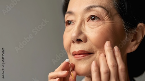 Closeup cut portrait of senior mature older Asian woman putting drop of antiaging pipette serum essence oil on finger hand. copy space for text.