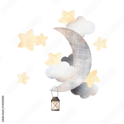 Cute decor for a kid's bedroom. Moon in the clouds among the stars, night lamp. Watercolor illustration.