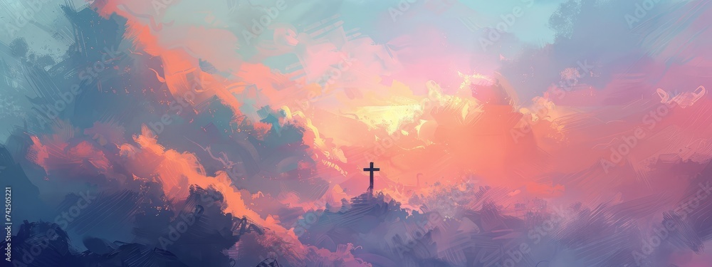 Cross Amidst Vivid Clouds at Sunset - A Symbol of Hope and Faith Generative AI