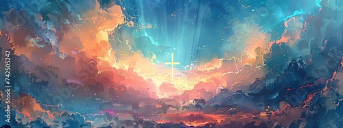 Cross Amidst Vivid Clouds at Sunset - A Symbol of Hope and Faith Generative AI