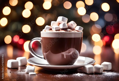 Hot chocolate - hot chocolate with marshmallows, Christmas background.