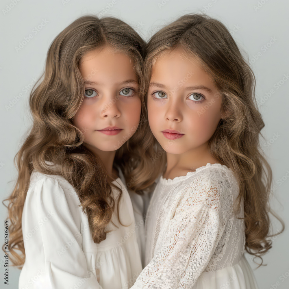 Portrait off 2 sisters in the studio, white background Portrait off 2 sisters in the studio, white background