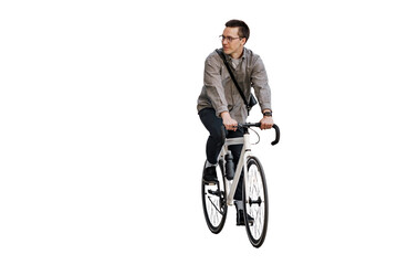 A man riding his bicycle as a means of eco-friendly transportation in the city.
