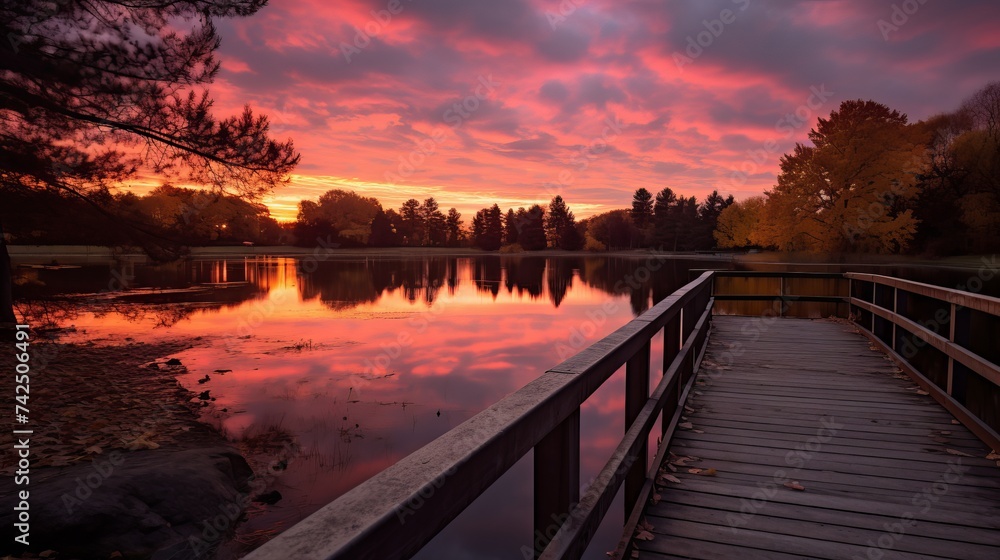 Platform beside lake with sunset in park