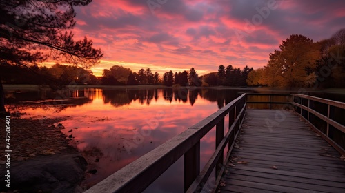 Platform beside lake with sunset in park