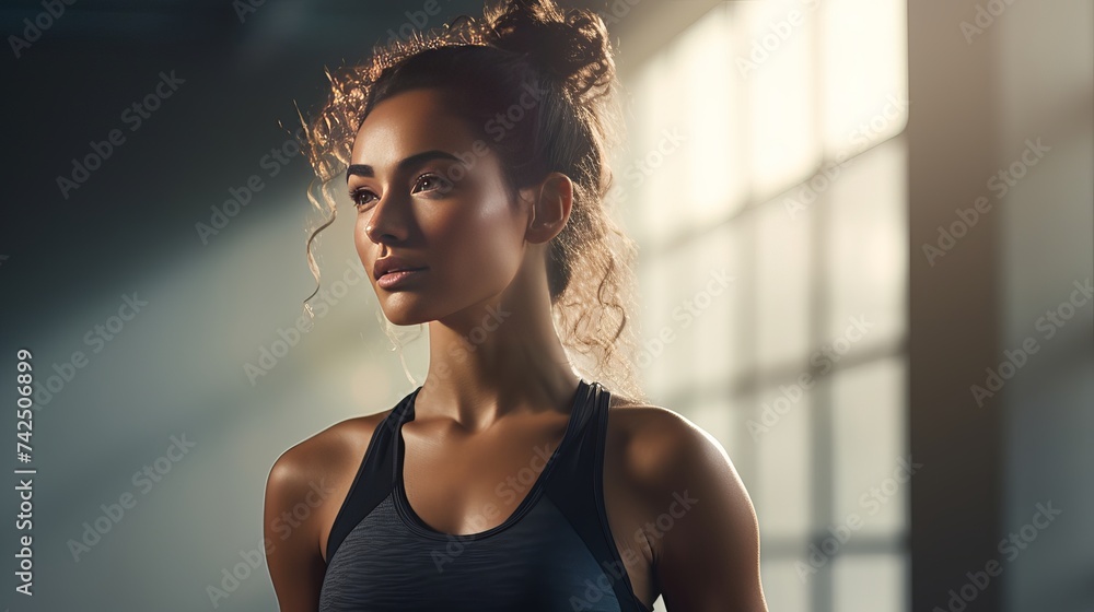 Profile portrait of young attractive yogi woman breathing fresh air, her eyes closed, meditation pose, relaxation exercise, working out wearing black sportswear top, close up image, window background - obrazy, fototapety, plakaty 
