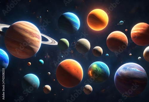 A realistic depiction of a cluster of bright, colorful and animated planets