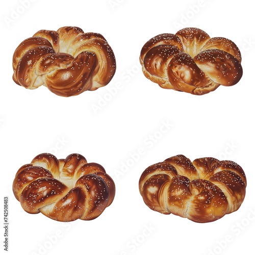 A set of delicious homemade brown braided brioche on a transparent background.