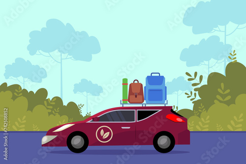Car with eco logo and suitcase, backpack and mat on roofrack vector illustration. Electric car driving on road. Eco travel and staycations concept.