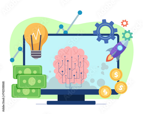 Computer with AI brains vector illustration. Lightbulb, rocket, gear wheels and money as symbol of startup project. Innovative technology, artificial intelligence concept