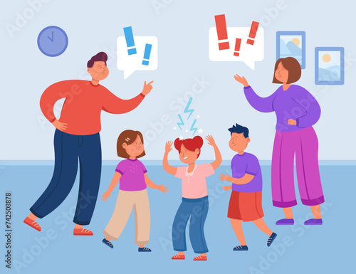 Conflict between brother and sisters vector illustration. Parents confused. Younger sister being offended. More siblings worsening mental health. Family relationships concept