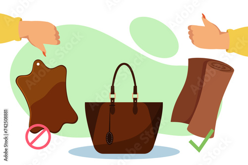 Bag made of artificial leather vector illustration. Sample of natural leather with thumb down and eco leather with thumb up. Preferences to eco friendly analogues instead of natural leather