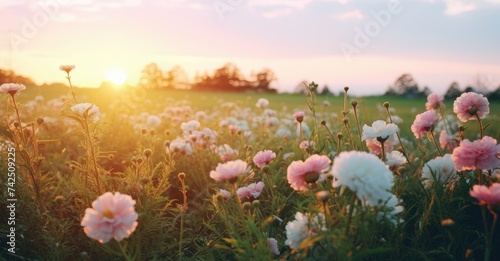 Whispers of Twilight: Pastel Wildflowers Embracing the Sunset Generative AI