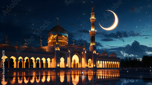 Mosque at night with moon and stars - Format: 16:9