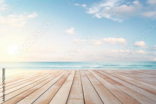 Serene Coastal View from a Warm Wooden Deck at Sundown - Generative AI