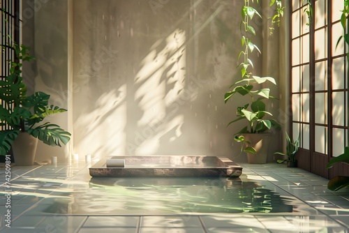 Serene spa setting with space for text and soft natural lighting. Concept Spa Ambiance, Text Space, Soft Lighting, Natural Setting, Serene Environment © Anastasiia