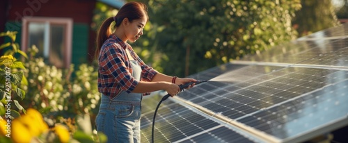 A woman in overalls cleaning solar panels with a serene rural backdrop, depicting an eco-friendly and sustainable lifestyle. photo