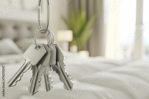 Set of keys hanging with blurred bedroom background, concept of new home or property. sale and rent of housing.