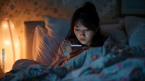 A young woman uses her smartphone in bed at night, illuminated by the warm glow of the device, creating a cozy and intimate atmosphere.