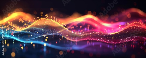 Vibrant digital waveform with glowing particles in neon blue, red, and orange, ideal for modern tech events, music festivals, or dynamic background. photo