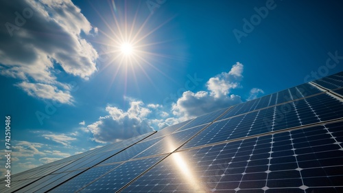 Solar panels under a clear blue sky with a bright sun, representing renewable energy and green technology, suitable for environmental and sustainability themes.