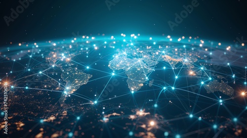 A digital representation of a global network with illuminated nodes and connections on a world map; suitable for tech events or World Information Society Day.