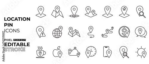 location and pin icons collection with map, weather, location, food, search travel and path with editable stroke