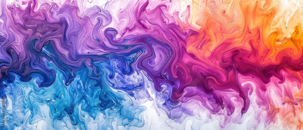 a multicolored painting with a white background and blue, orange, pink, yellow, and purple colors.