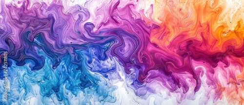 a multicolored painting with a white background and blue, orange, pink, yellow, and purple colors.